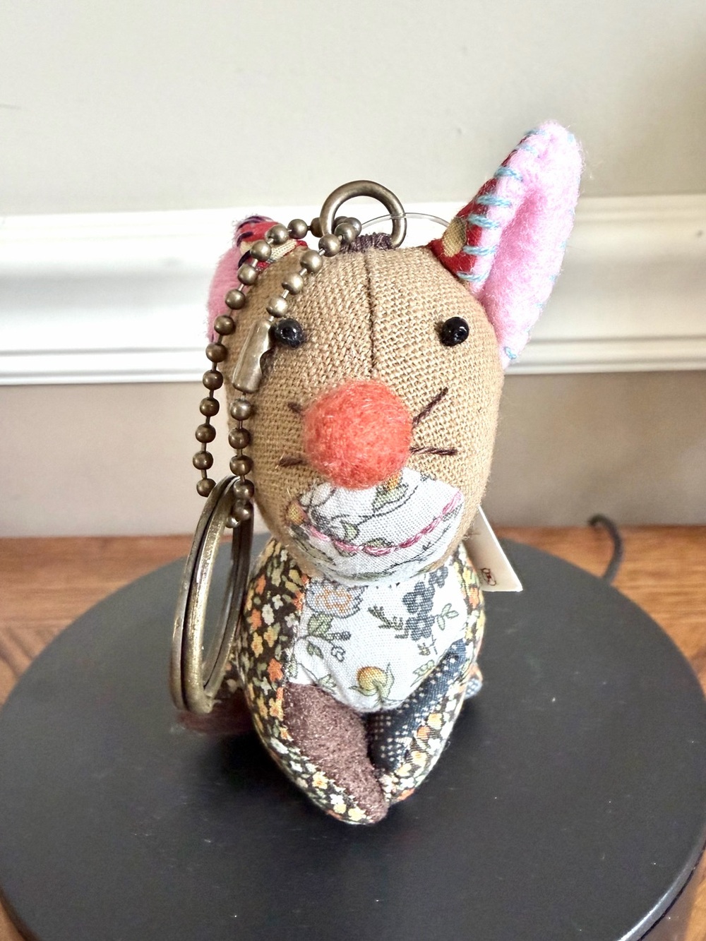 🎅🏻 Sale Handcrafted Pink & Beige patchwork Plush Mouse Keychain new with tags
